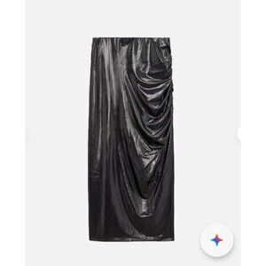 Zara RUCHED MIDI SKIRT Elastic Waist Pull On black metallic size m NWT